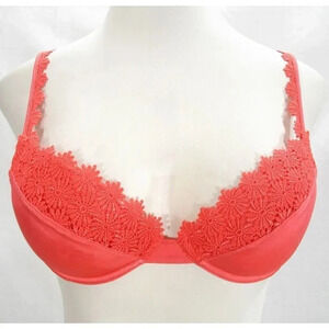La Senza Padded Embroidered Lace Demi Cup Underwire Bra 38B Orange Excellent Pre